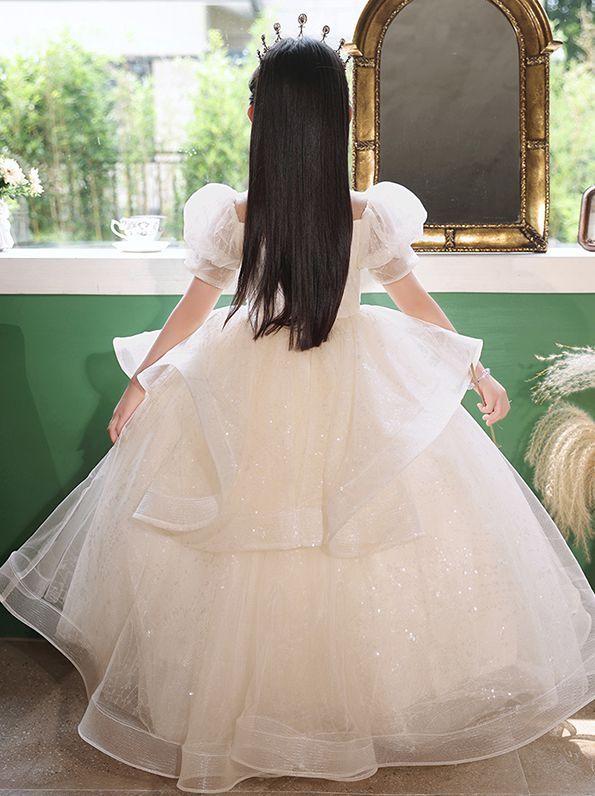 High Neck A-Line/Princess Short Sleeve Flower Girl Dresses with Crystal Appliques