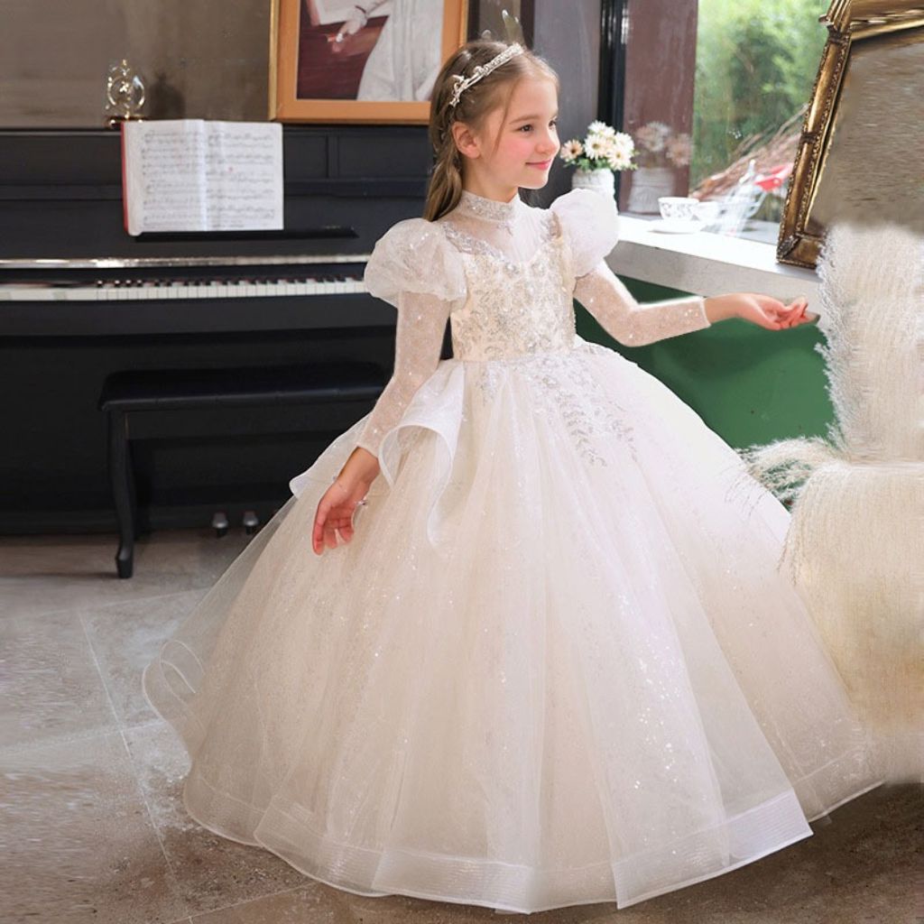 High-Neck Long-Sleeve Ball Gown with Rhinestone Appliques for Flower Girls
