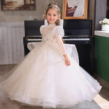High-Neck Long-Sleeve Ball Gown with Rhinestone Appliques for Flower Girls