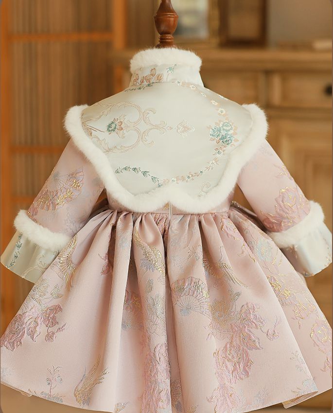 Winter Baby Girl Dress with High Neck Long Sleeves and Tea Length Embroidery Scarf Removed