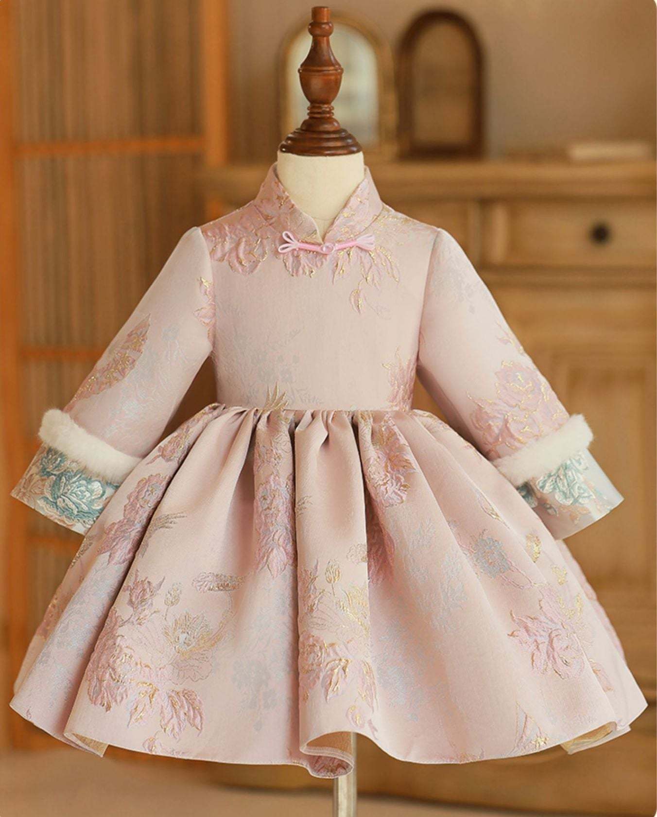 Winter Baby Girl Dress with High Neck Long Sleeves and Tea Length Embroidery Scarf Removed