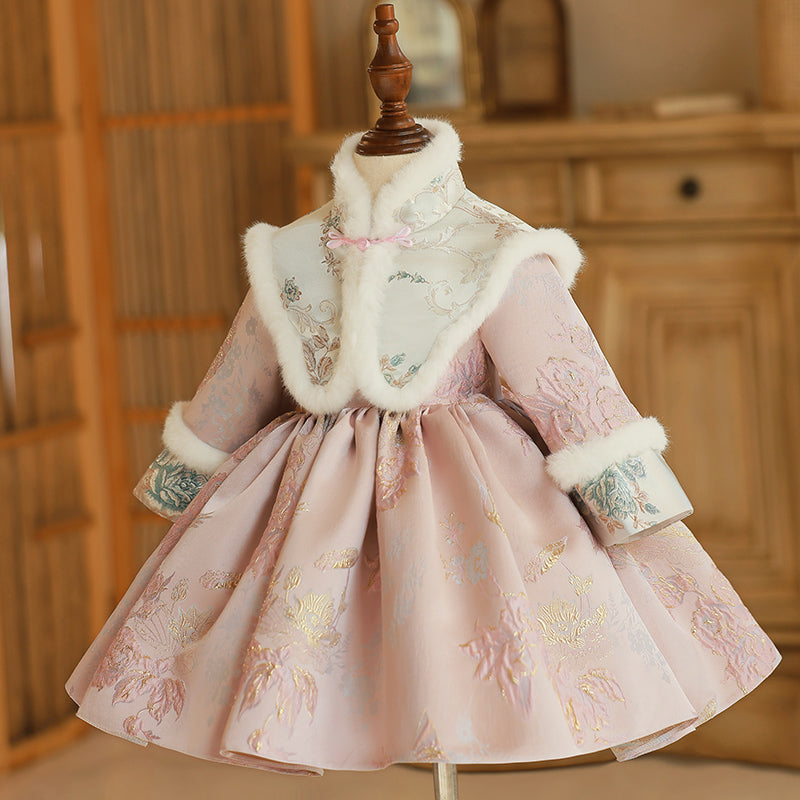 Winter Baby Girl Dress with High Neck Long Sleeves and Tea Length Embroidery Scarf Removed