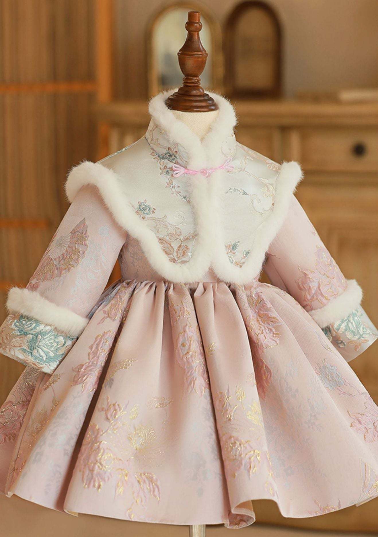 Winter Baby Girl Dress with High Neck Long Sleeves and Tea Length Embroidery Scarf Removed