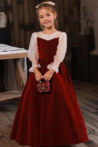 Princess-style Floor-length Flower Girl Dresses with Square Neck and Beaded Long Sleeves