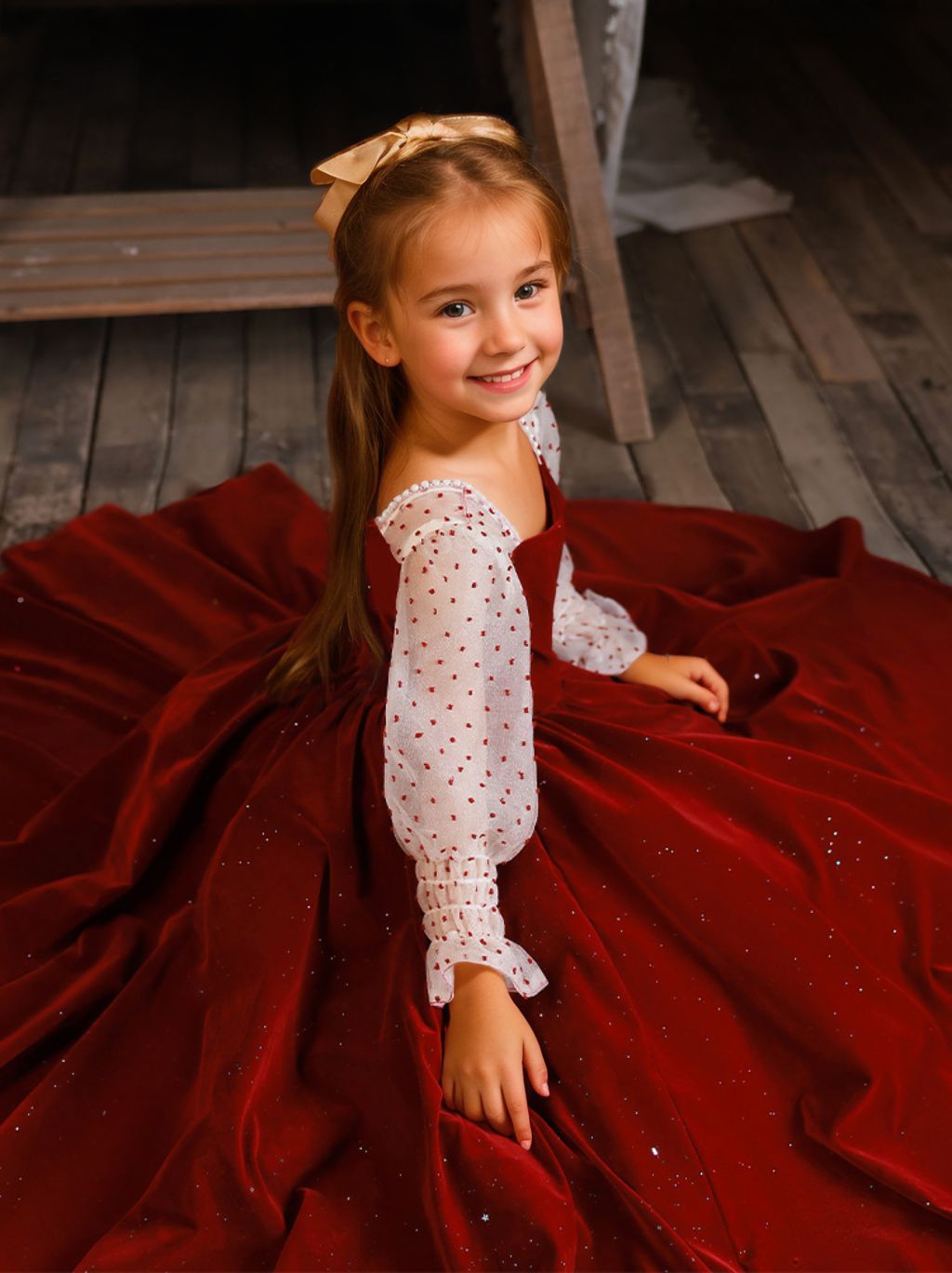 Princess-style Floor-length Flower Girl Dresses with Square Neck and Beaded Long Sleeves