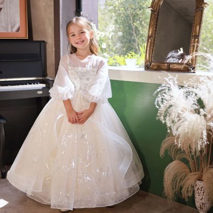 Princess A-Line Flower Girl Party Dress with 3/4 Sleeves and Rhinestone Lace Appliques
