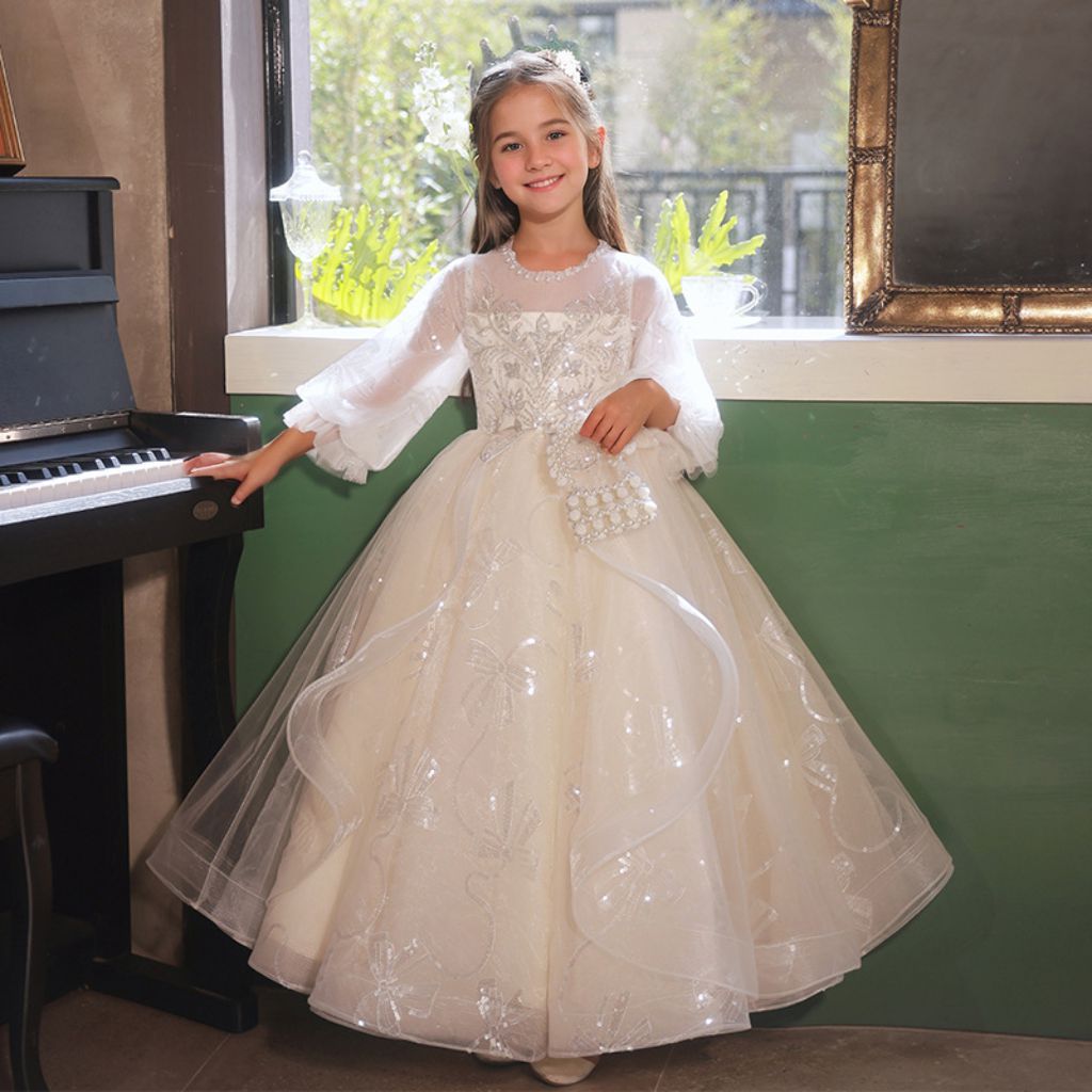 Princess A-Line Flower Girl Party Dress with 3/4 Sleeves and Rhinestone Lace Appliques
