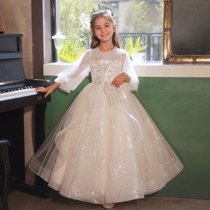 Princess A-Line Flower Girl Party Dress with 3/4 Sleeves and Rhinestone Lace Appliques