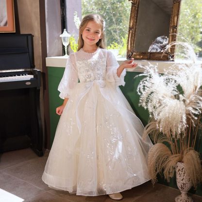 Princess A-Line Flower Girl Party Dress with 3/4 Sleeves and Rhinestone Lace Appliques