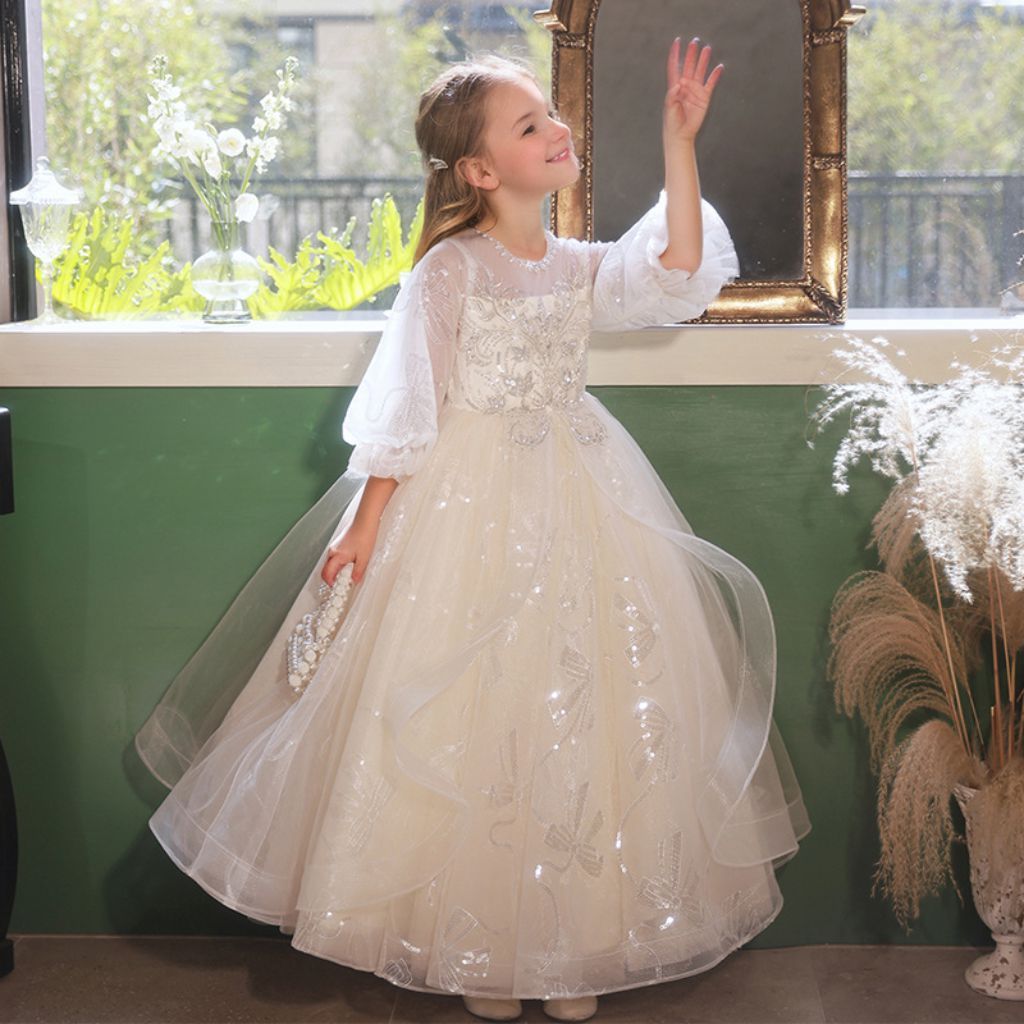 Princess A-Line Flower Girl Party Dress with 3/4 Sleeves and Rhinestone Lace Appliques