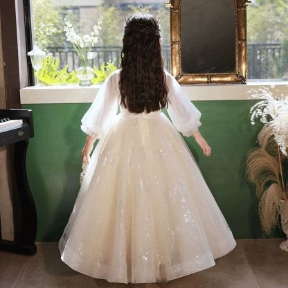 Princess A-Line Flower Girl Party Dress with 3/4 Sleeves and Rhinestone Lace Appliques