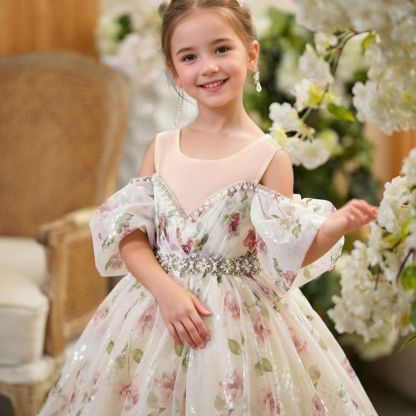 Princess Flower Girl Party Dresses with Train in Off-the-Shoulder Rhinestone Belt