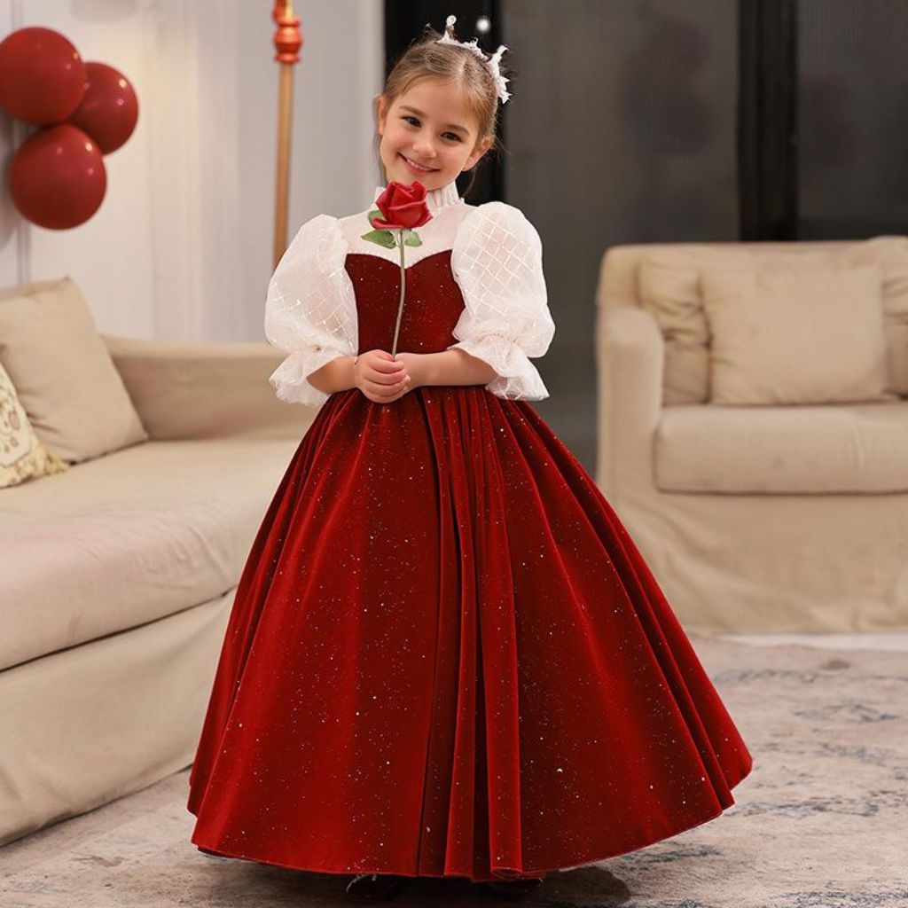 High Neck A-Line/Princess Flower Girl Dresses with 3/4 Sleeves and Floor Length