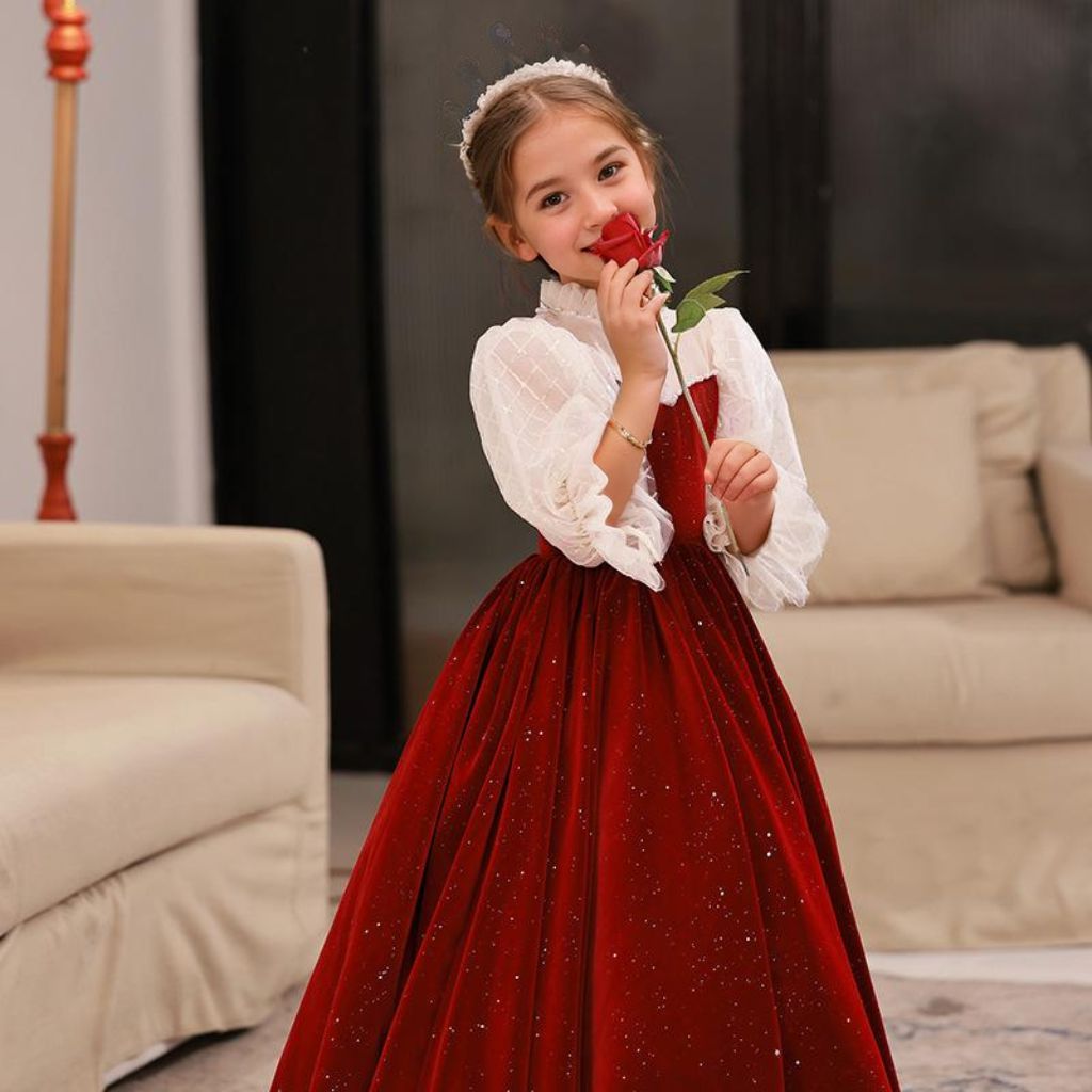 High Neck A-Line/Princess Flower Girl Dresses with 3/4 Sleeves and Floor Length