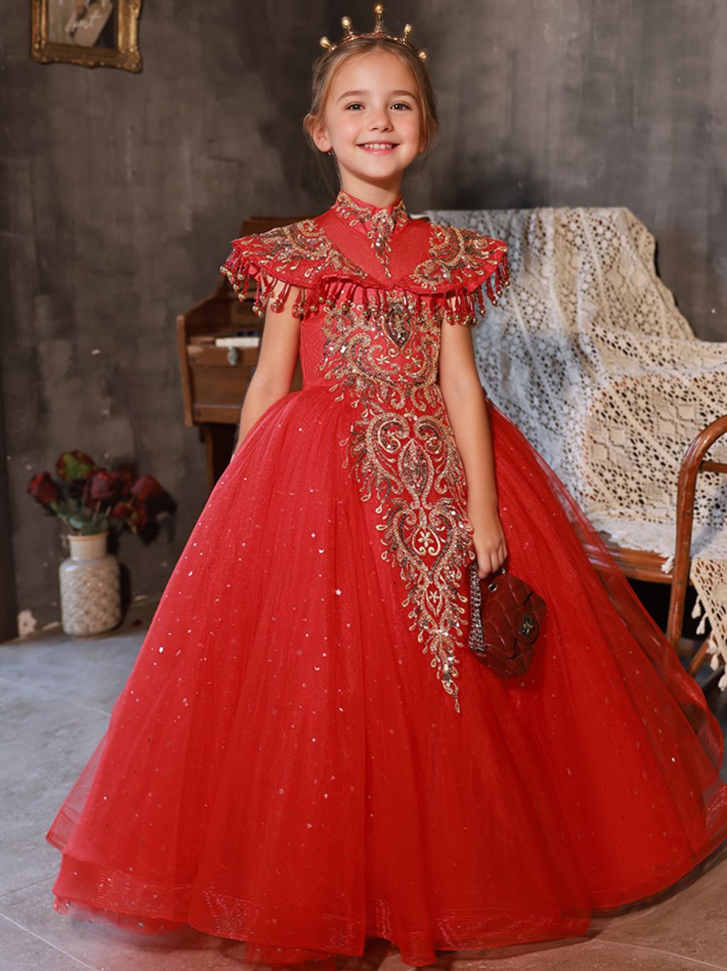 Traditional High Neck Floor-Length Flower Girl Party Dresses Featuring Rhinestone Appliques