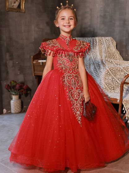 Traditional High Neck Floor-Length Flower Girl Party Dresses Featuring Rhinestone Appliques