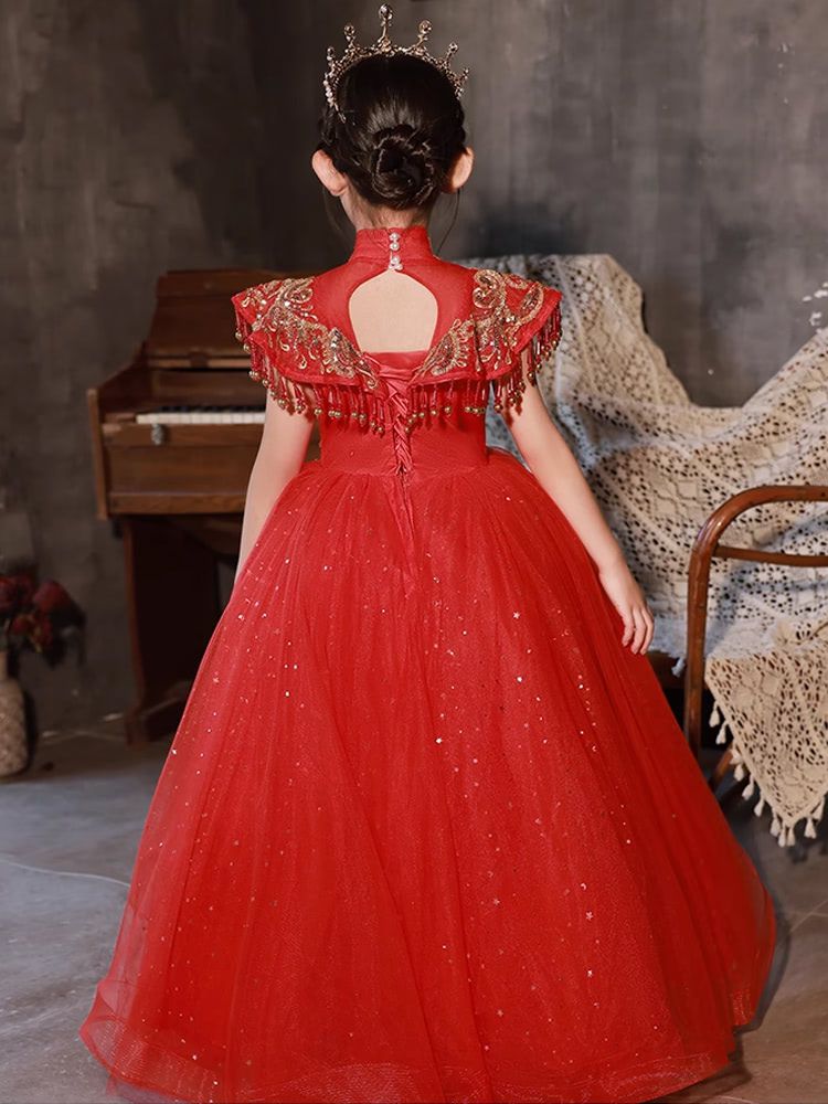 Traditional High Neck Floor-Length Flower Girl Party Dresses Featuring Rhinestone Appliques