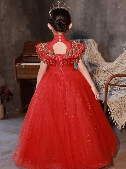 Traditional High Neck Floor-Length Flower Girl Party Dresses Featuring Rhinestone Appliques