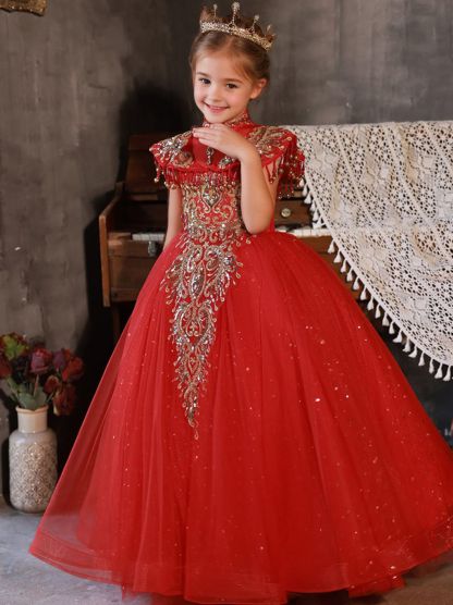 Traditional High Neck Floor-Length Flower Girl Party Dresses Featuring Rhinestone Appliques