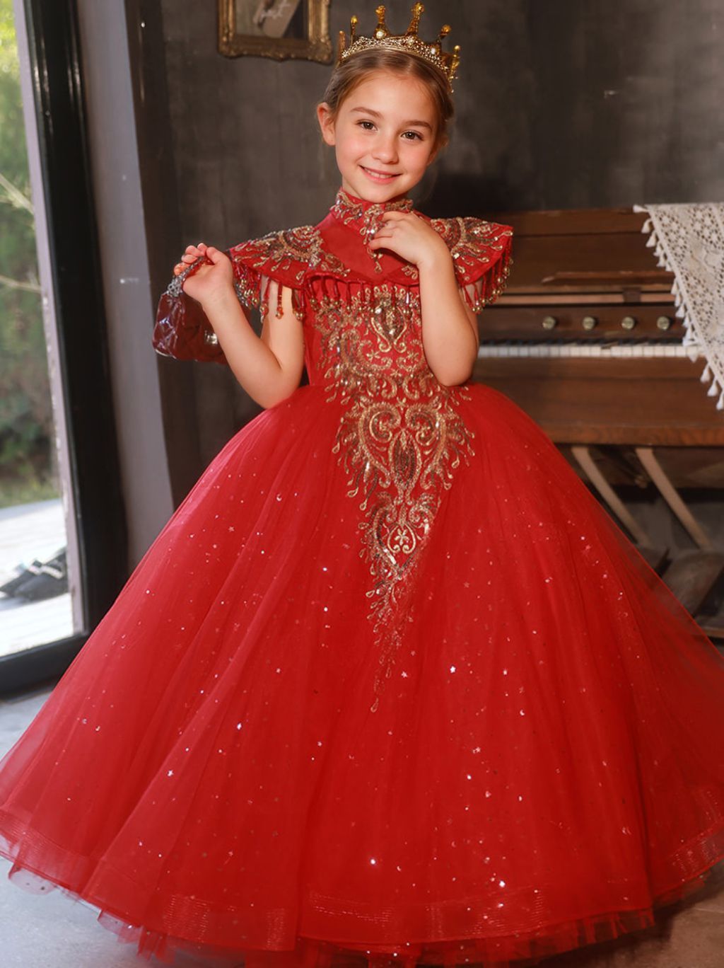 Traditional High Neck Floor-Length Flower Girl Party Dresses Featuring Rhinestone Appliques
