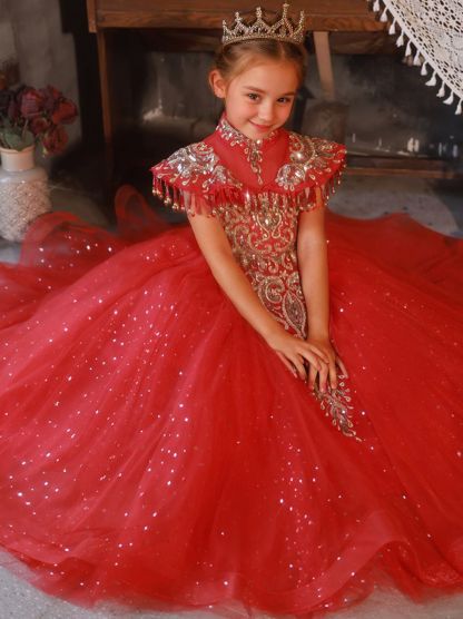 Traditional High Neck Floor-Length Flower Girl Party Dresses Featuring Rhinestone Appliques