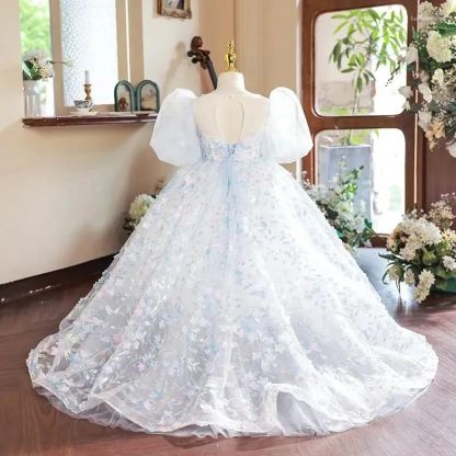 Ball Gown Party Dress for Girls with Crystal Flower Appliques and Short Sleeves