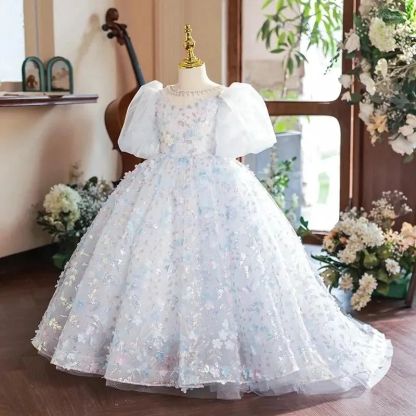 Ball Gown Party Dress for Girls with Crystal Flower Appliques and Short Sleeves