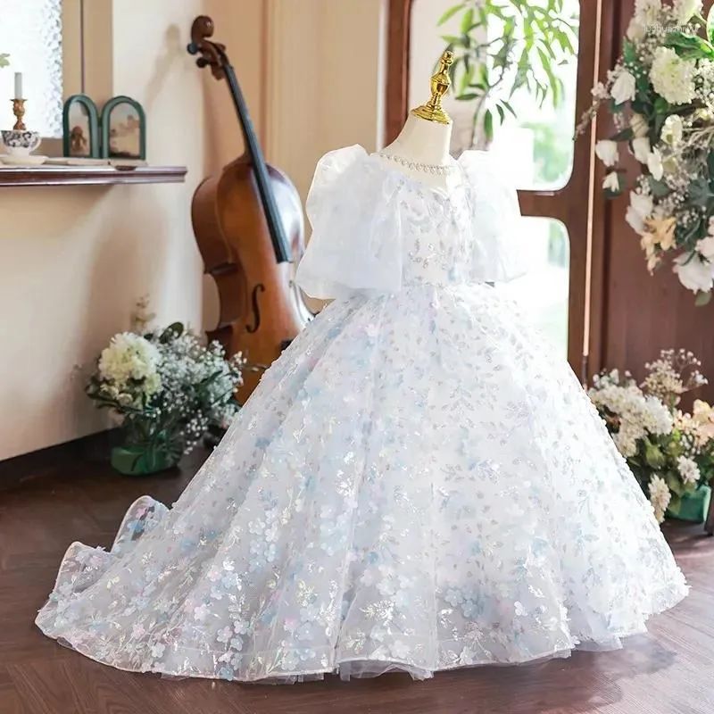 Ball Gown Party Dress for Girls with Crystal Flower Appliques and Short Sleeves