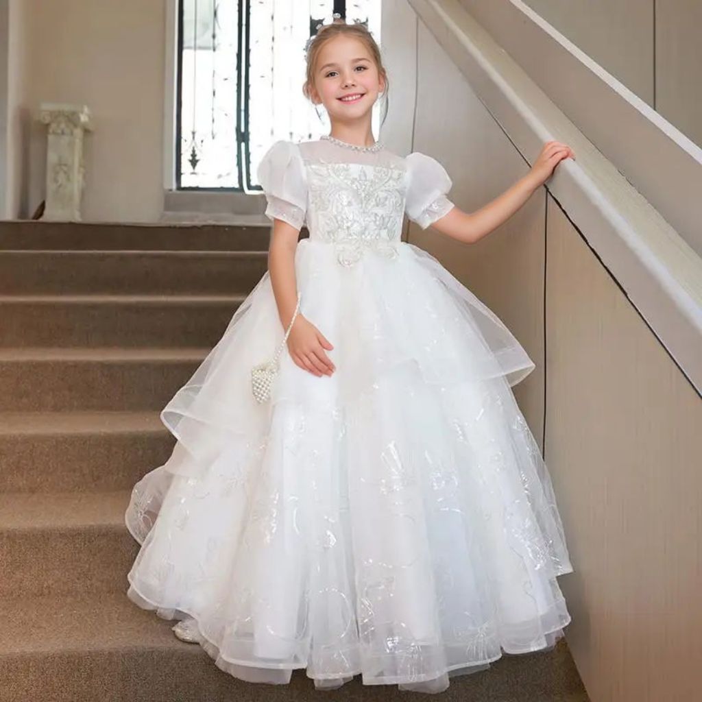Round Neck Flower Girl Dress with Rhinestone Appliques in A-Line/Princess Style