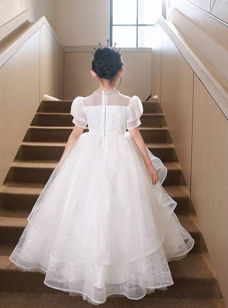 Round Neck Flower Girl Dress with Rhinestone Appliques in A-Line/Princess Style