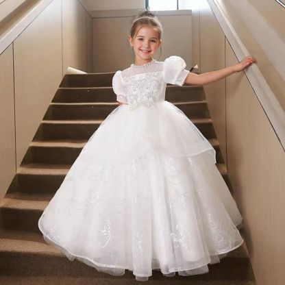 Round Neck Flower Girl Dress with Rhinestone Appliques in A-Line/Princess Style