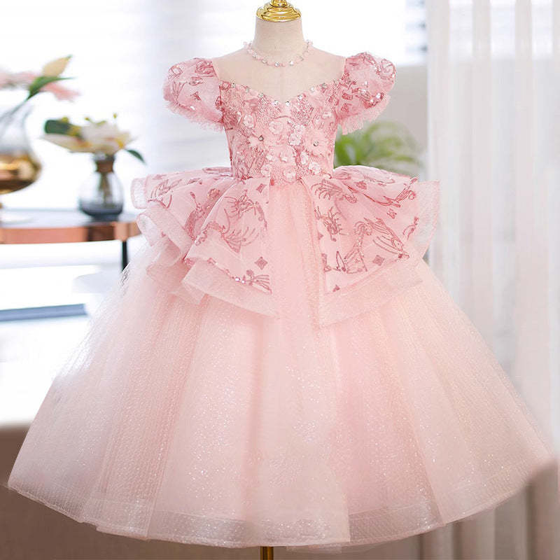 Girl's Floral Ball Gown Party Dress with Rhinestones Round Neck and Short Sleeves