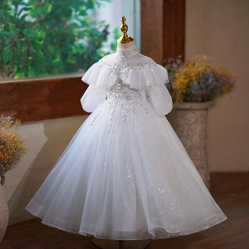 High Neck Half-Sleeve A-Line Princess Flower Girl Dress with Rhinestone Accents