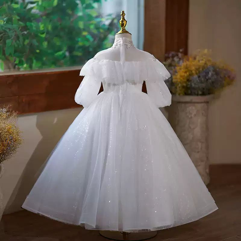 High Neck Half-Sleeve A-Line Princess Flower Girl Dress with Rhinestone Accents