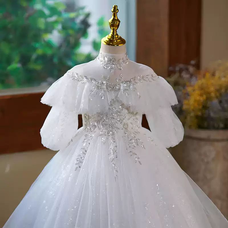 High Neck Half-Sleeve A-Line Princess Flower Girl Dress with Rhinestone Accents
