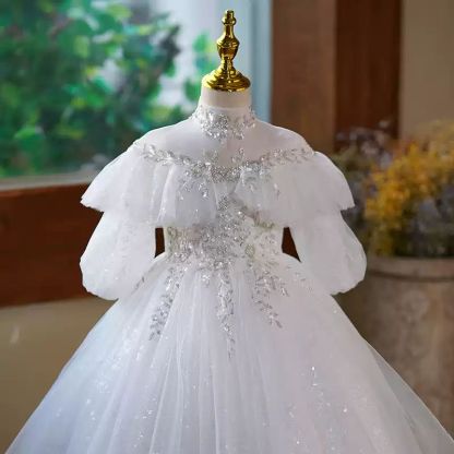 High Neck Half-Sleeve A-Line Princess Flower Girl Dress with Rhinestone Accents