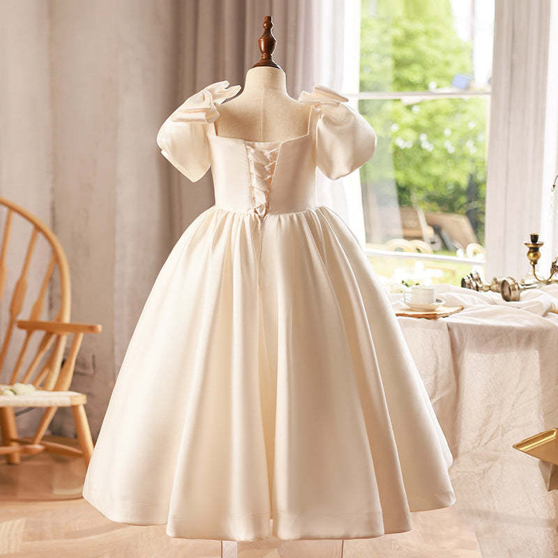Floor-Length Square Neck Short Sleeve Flower Girl Dresses Featuring a Bow