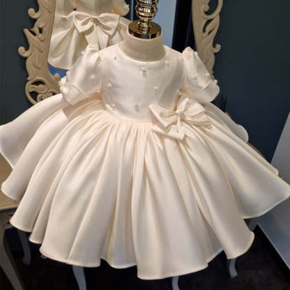 Knee-length baby flower girl dress with beading bow round neck and short sleeves