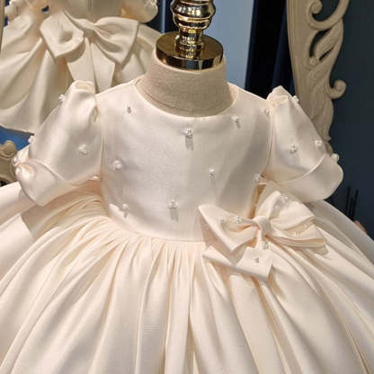 Knee-length baby flower girl dress with beading bow round neck and short sleeves