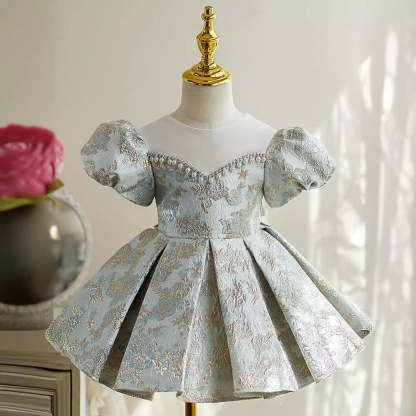 Short Sleeve Round Neck Embroidered Party Dress with Bow for Baby Girls Knee Length