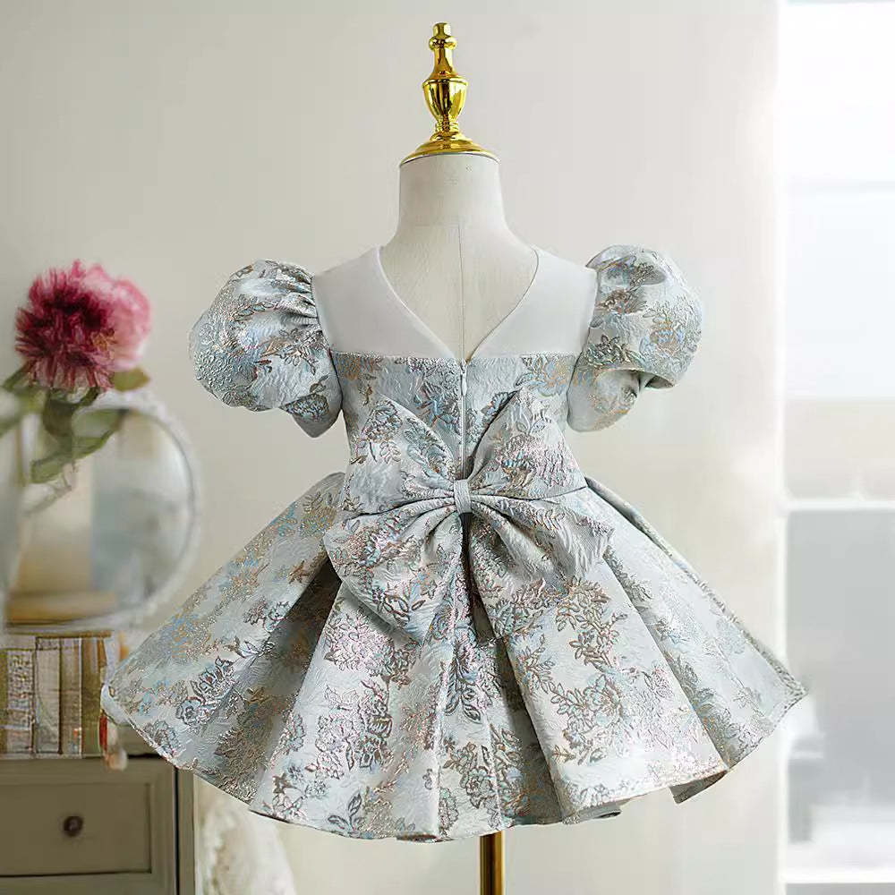 Short Sleeve Round Neck Embroidered Party Dress with Bow for Baby Girls Knee Length