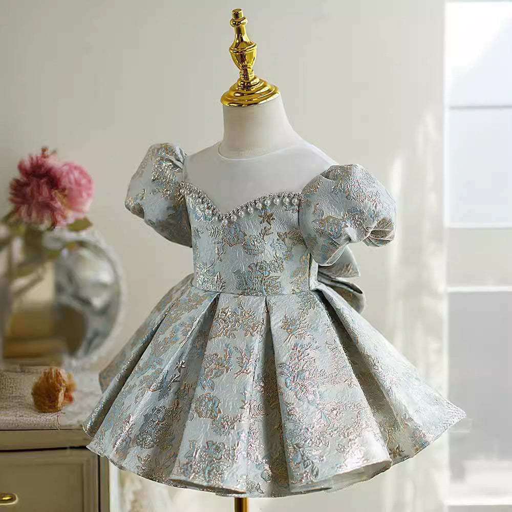 Short Sleeve Round Neck Embroidered Party Dress with Bow for Baby Girls Knee Length