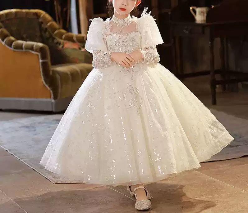 Flower Girl Party Dress with 3/4 Sleeves A-Line/Princess Cut Rhinestone Appliques & Bow