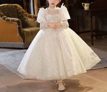 Flower Girl Party Dress with 3/4 Sleeves A-Line/Princess Cut Rhinestone Appliques & Bow