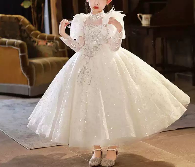 Flower Girl Party Dress with 3/4 Sleeves A-Line/Princess Cut Rhinestone Appliques & Bow