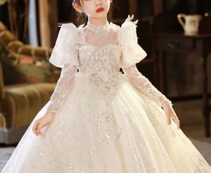 Flower Girl Party Dress with 3/4 Sleeves A-Line/Princess Cut Rhinestone Appliques & Bow