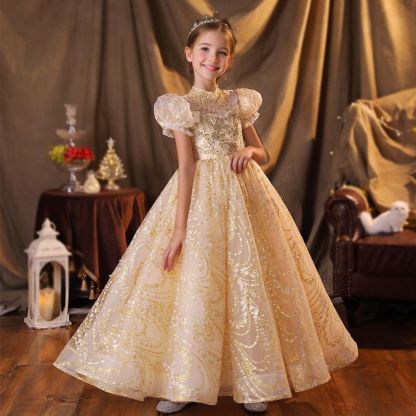 Princess A-Line Short Sleeve Floor-Length Party Dress with Rhinestone Appliques