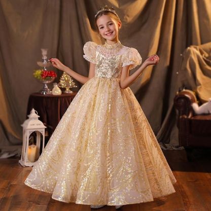 Princess A-Line Short Sleeve Floor-Length Party Dress with Rhinestone Appliques