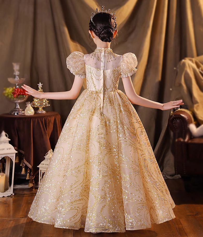 Princess A-Line Short Sleeve Floor-Length Party Dress with Rhinestone Appliques