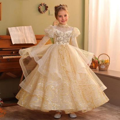 Floor-Length A-Line Princess Party Dress for Girls with Rhinestone Appliques and Long Sleeves